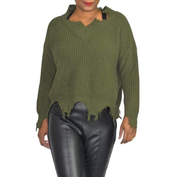 Seek the Label Distressed Sweater Olive Green Ribbed Knit Pullover Size Medium - Picture 1 of 13